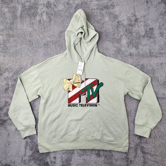 MTV Tops - MTV Music Television Hoodie Womens XL‎ Aqua Gray with Glitter Bow Print Pullover